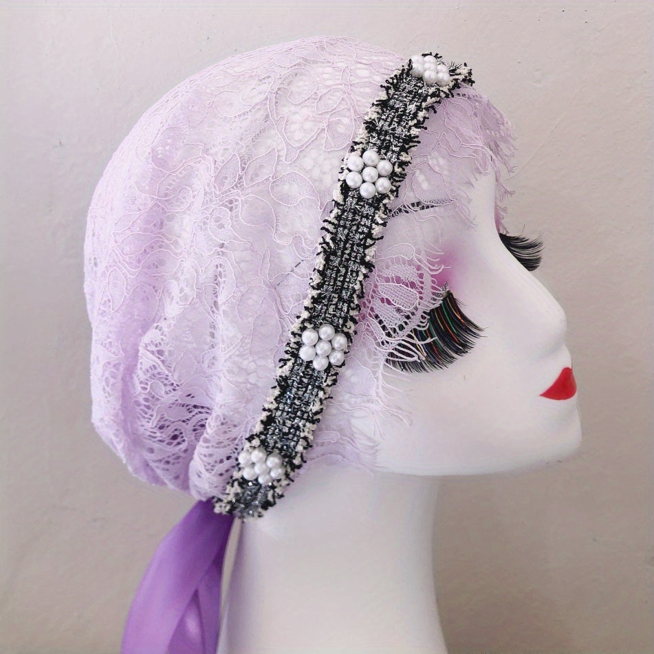 Women's Faux Pearl Lace Turban Cap Beanie