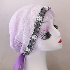Women's Faux Pearl Lace Turban Cap Beanie