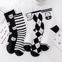 Bear Print Socks Striped Mid Tube Stockings