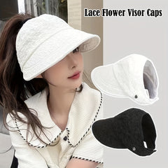 Adjustable Ponytail Visor Hat Flower Embossed Solid Sun Hat Elastic Baseball Cap