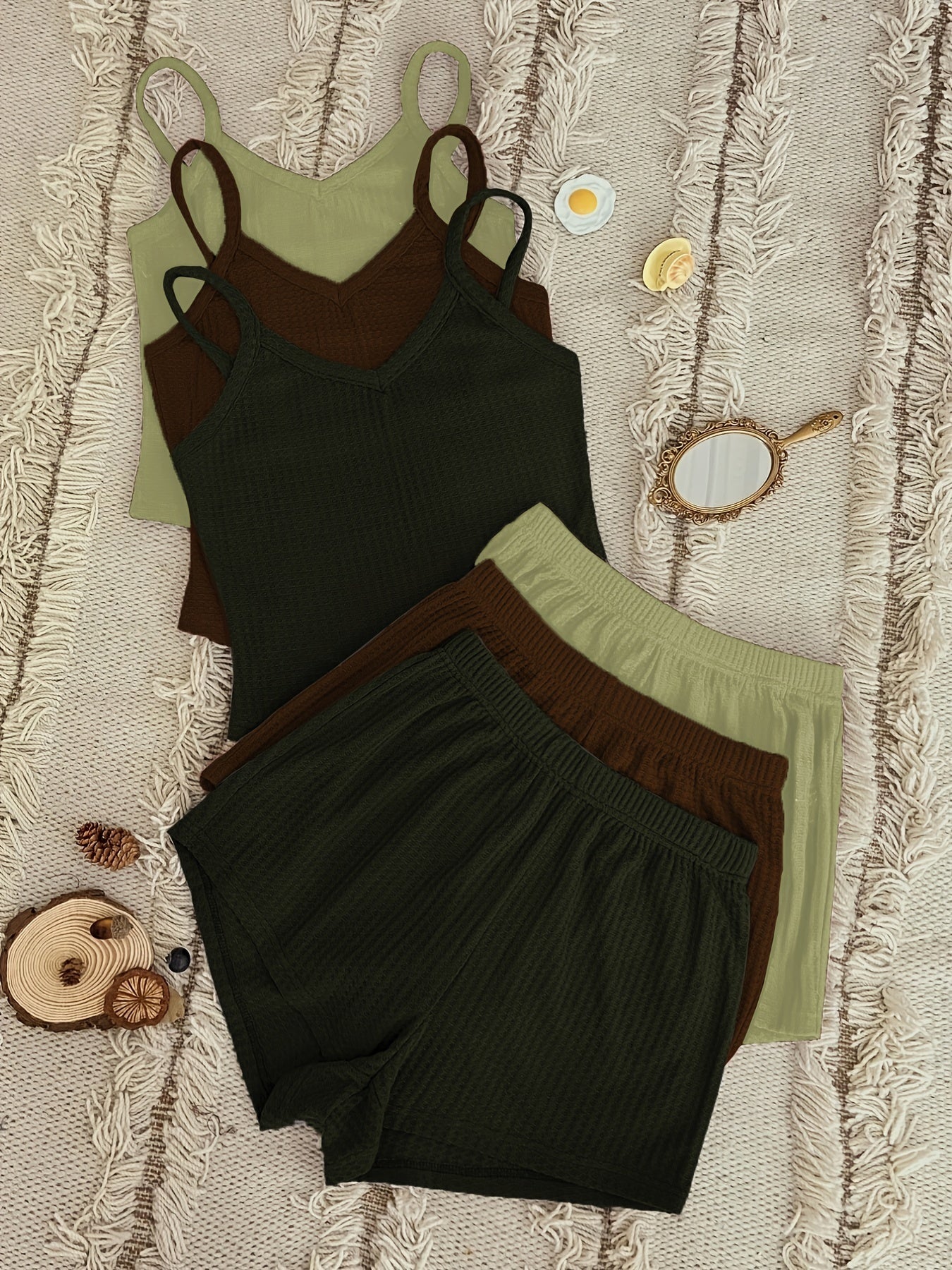 Waffle Knit Pajama Set: V Neck Cami Top & Shorts - 6 Pc
