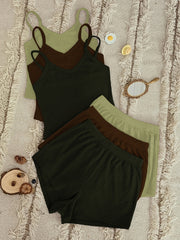 Waffle Knit Pajama Set: V Neck Cami Top & Shorts - 6 Pc