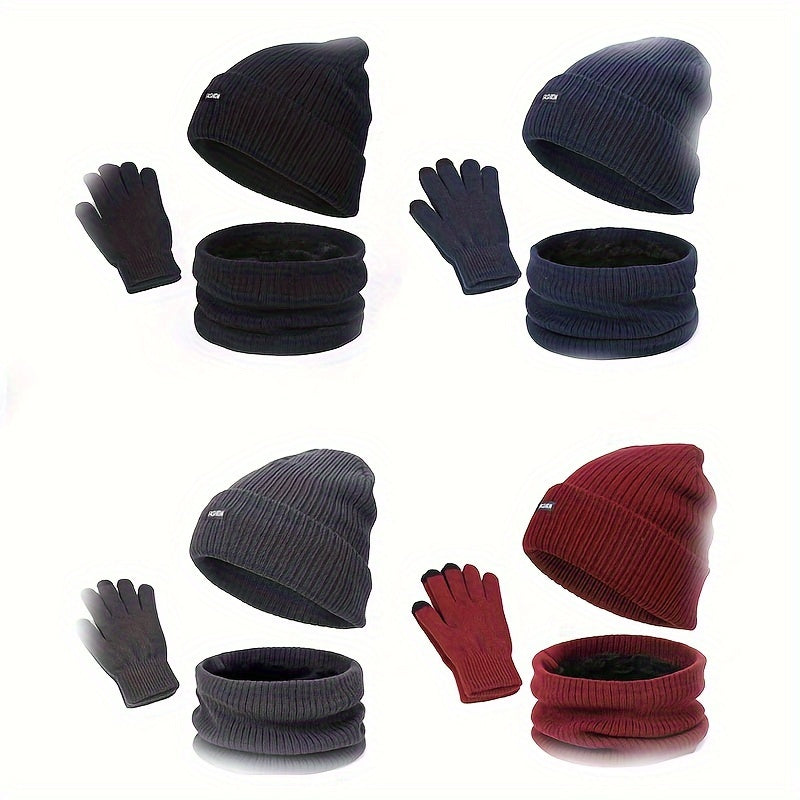 Winter Warm Hat Scarf Gloves Set Windproof Knitted Beanie for Men Women