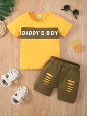 Cotton DADDY' BOY Block Tee Top Ripped Shorts Set