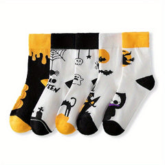 5 Pairs Skull & Bat Print Halloween Crew Socks Women's Stockings & Hosiery