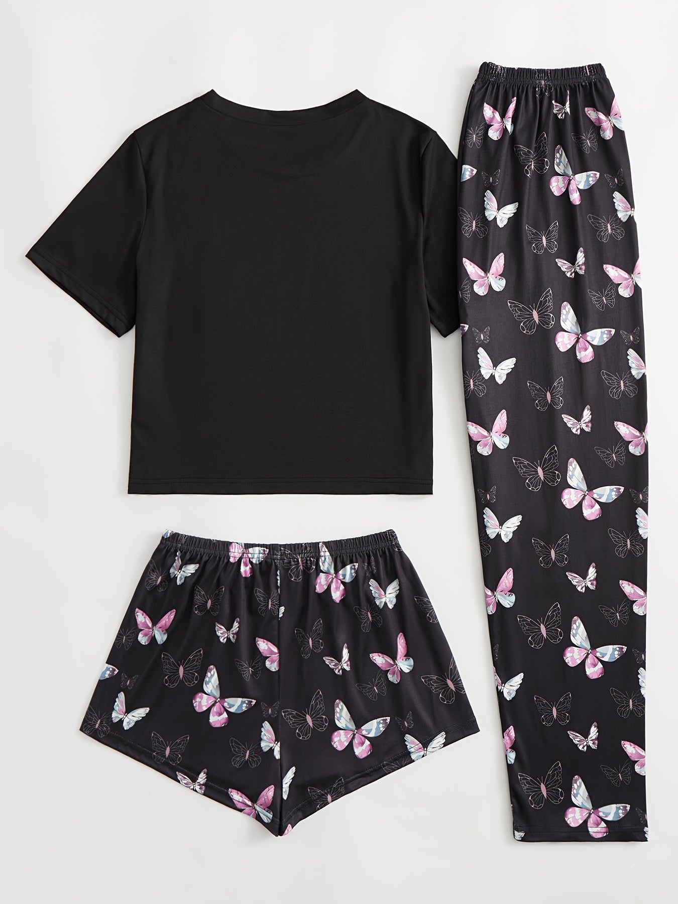 Butterfly Print Pajamas Set Short Sleeve Top & Shorts & Lounge Pants