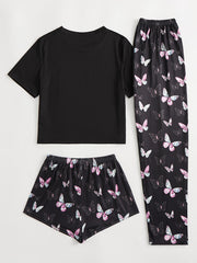 Butterfly Print Pajamas Set Short Sleeve Top & Shorts & Lounge Pants