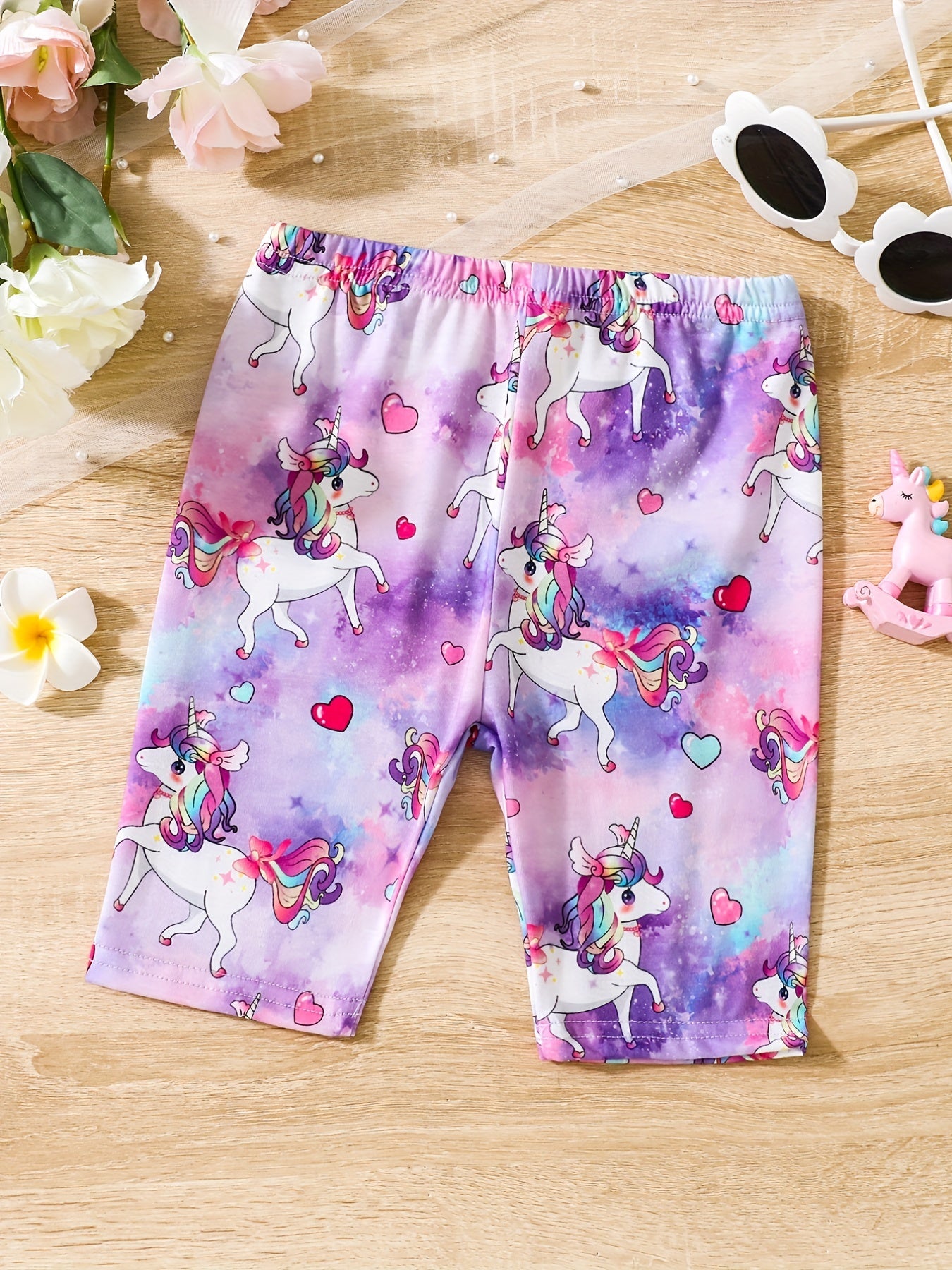 Toddler Girls Unicorn And Flowers Elastic Waist Biker Shorts