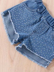 Girls Polka Dot Heart Halter Crop Top & Denim Shorts Set
