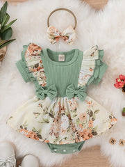 Newborn Infant Dress Splicing Romper Ruffle Flowers Print Short Sleeve Bodysuit