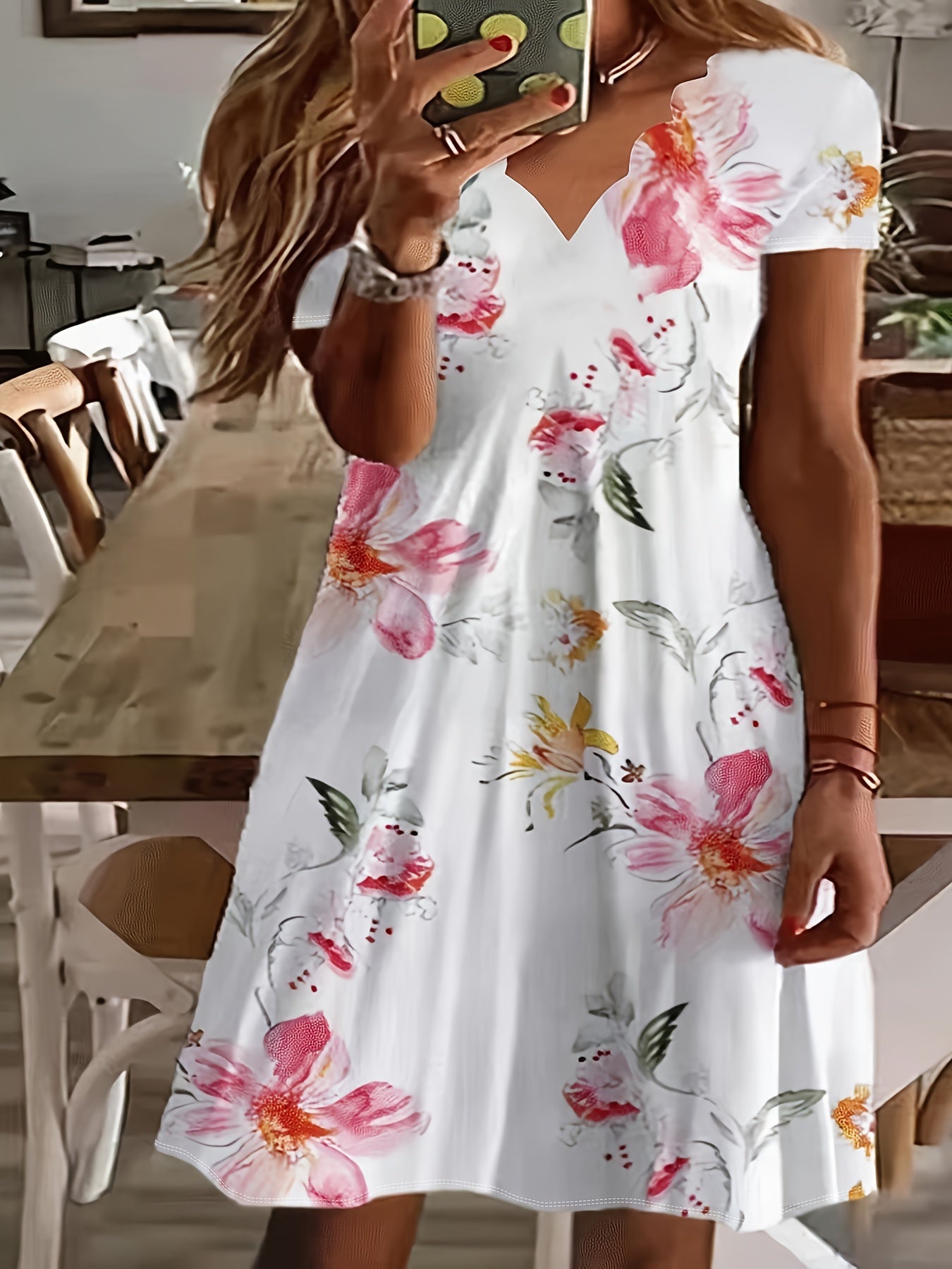 Boho Dress Women's Plus Floral Print Short Sleeve V Neck Scallop