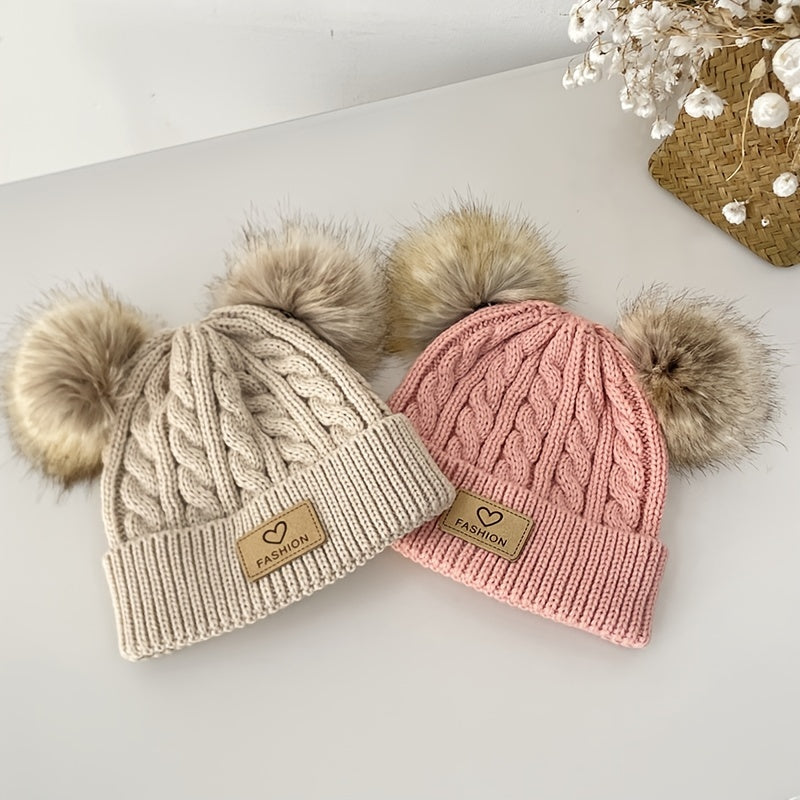 2pcs Baby Knit Scarf Hat Set Pom Pom Beanie Cap & Plush Warm Ring Neck Scarf