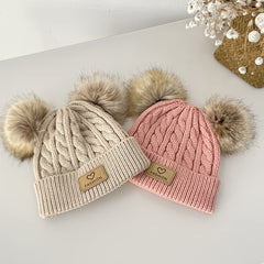 2pcs Baby Knit Scarf Hat Set Pom Pom Beanie Cap & Plush Warm Ring Neck Scarf
