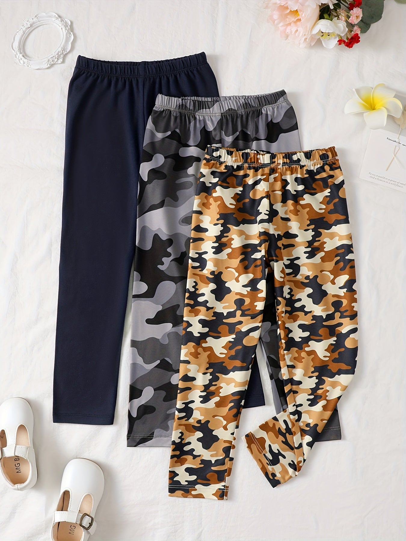3pcs Girls Skinny Legging Pants in Camouflage, Solid Khaki and Other Colors