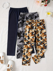 3pcs Girls Skinny Legging Pants in Camouflage, Solid Khaki and Other Colors