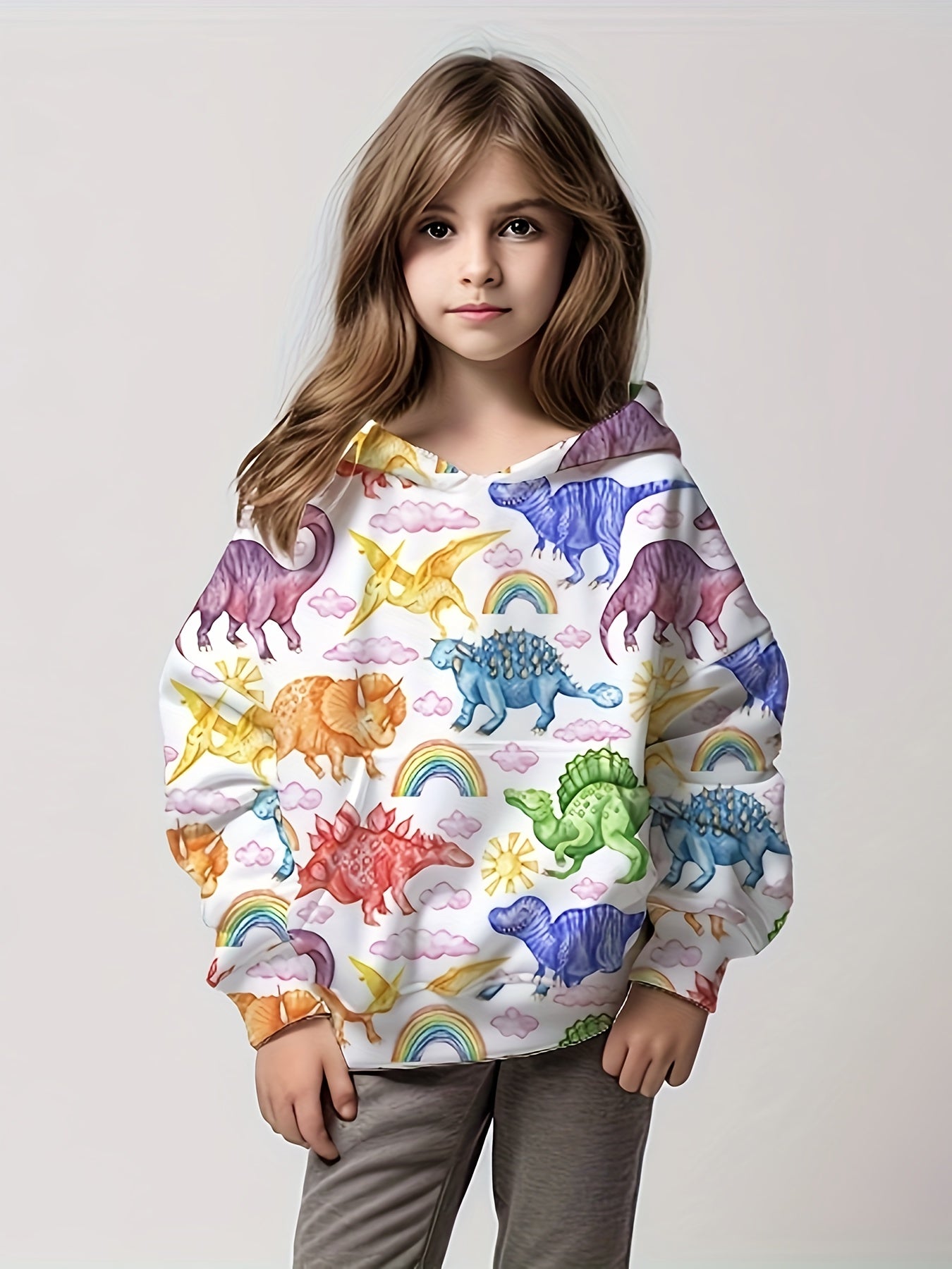Girls Dino Painting Graphic Hoodie Spring Fall 4-14y