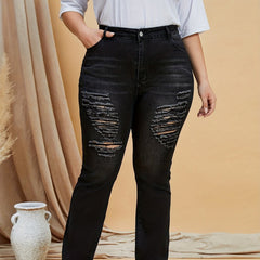 Plus Solid Ripped High Rise Button Fly High Stretch Flared Leg Jeans