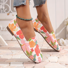 Women's Flower Pattern Flat Shoes Breathable Knit Square Toe Shoes