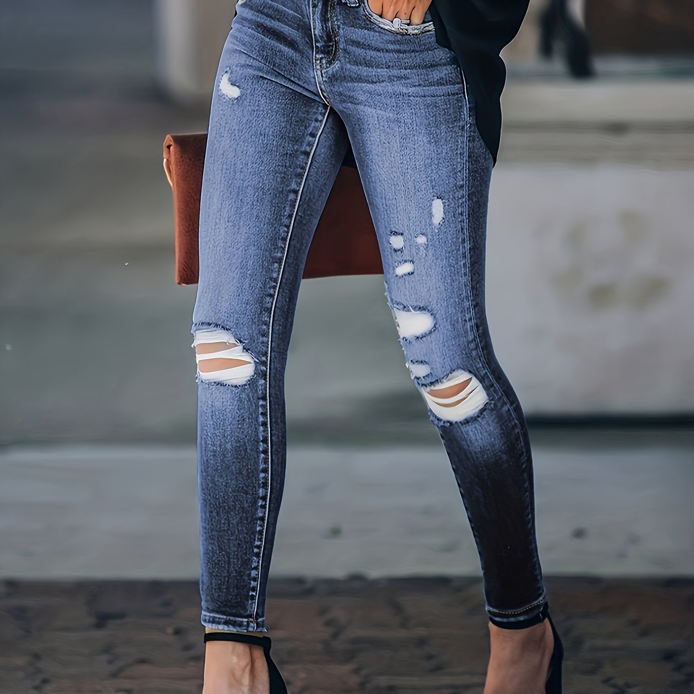 Ripped Knee Skinny Jeans Embossed Pants