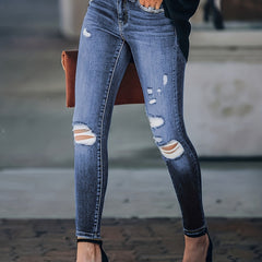 Ripped Knee Skinny Jeans Embossed Pants