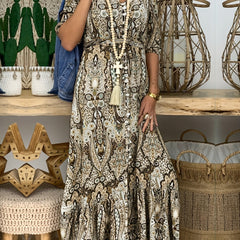 Boho Maxi Smock Dress Plus Size Paisley Print V Neck Half Sleeve