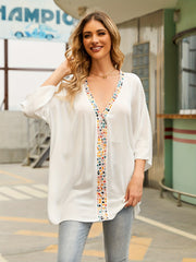 Geometric Print V Neck Cover Up Contrast Trim Long Sleeve Top