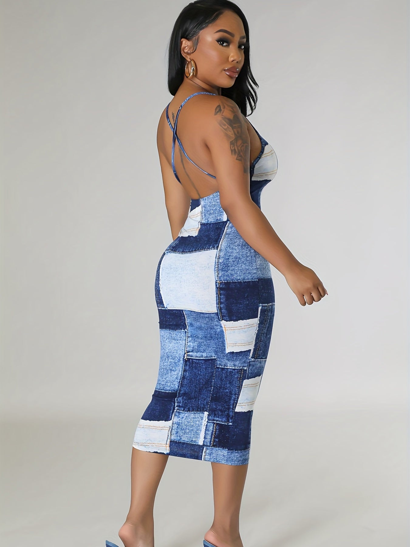 Denim Print Criss Cross Backless Cami Dress