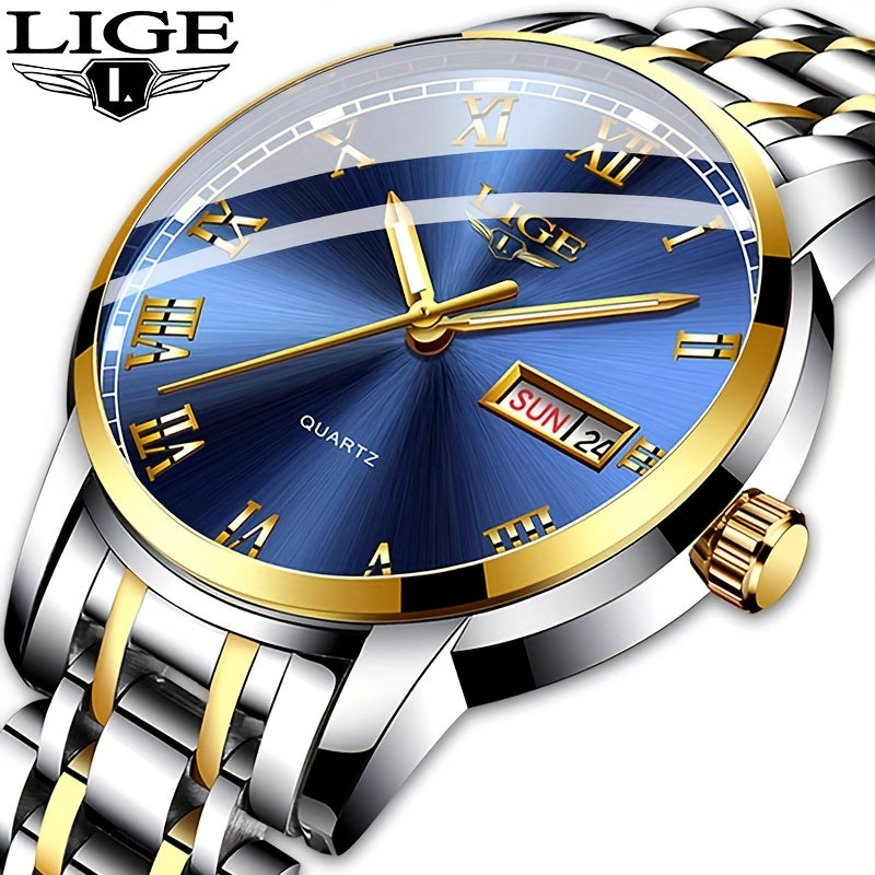 LIGE Men Stainless Steel Golden Watch Waterproof Sports Wrist Watches