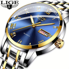 LIGE Men Stainless Steel Golden Watch Waterproof Sports Wrist Watches