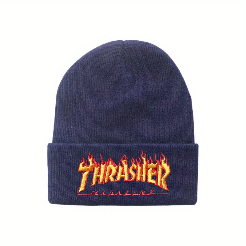 Flame Letter Embroidery Knitted Beanie Hat Winter Warmth Sports Elasticity