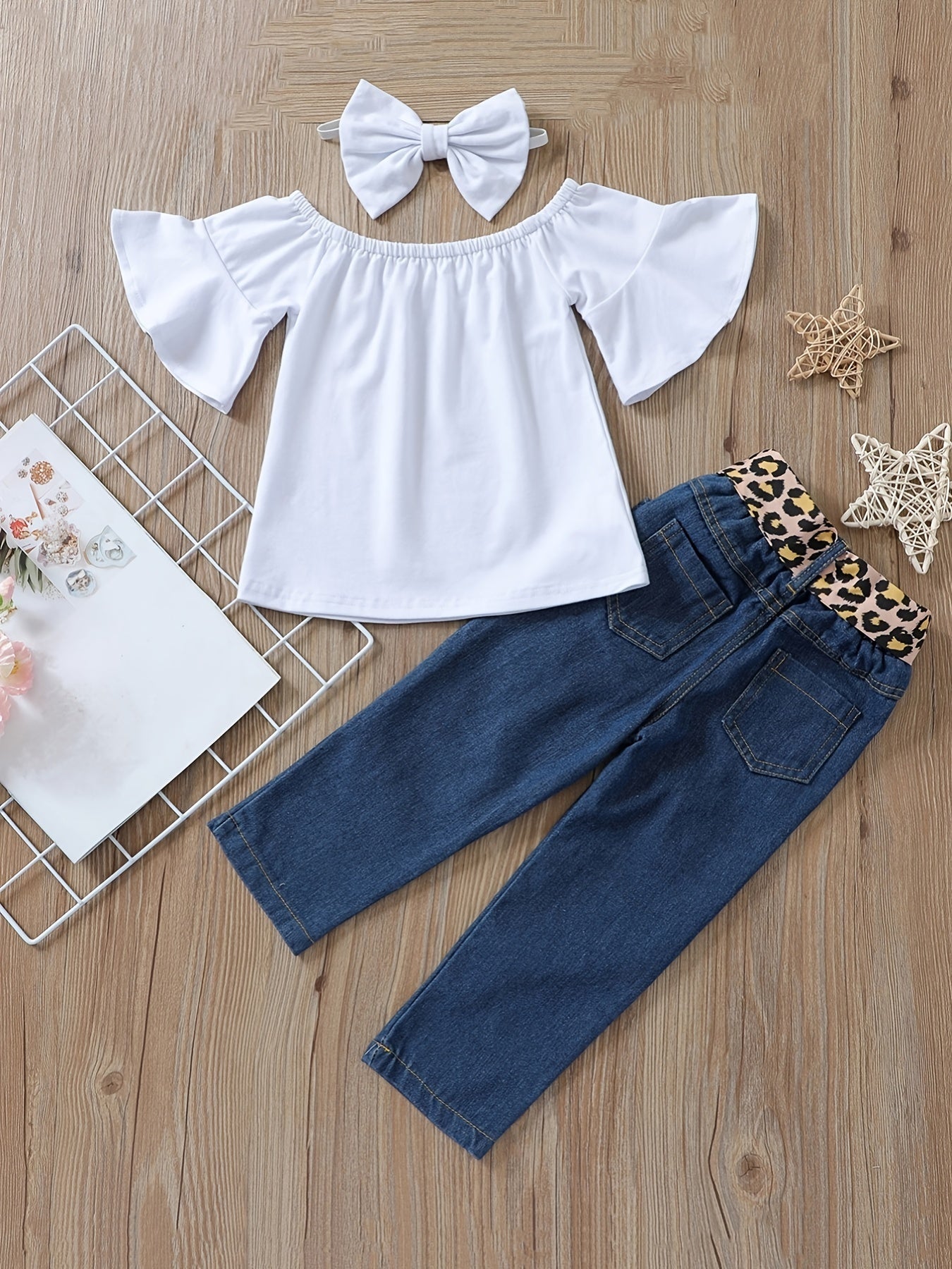 4pc Toddler Girls Off Shoulder Top & Jeans Set w/ Leopard Belt & Headband