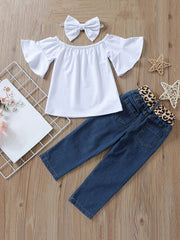 4pc Toddler Girls Off Shoulder Top & Jeans Set w/ Leopard Belt & Headband
