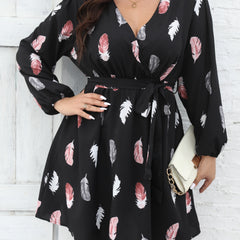 Feather Print Lantern Sleeve Belted Mini Dress