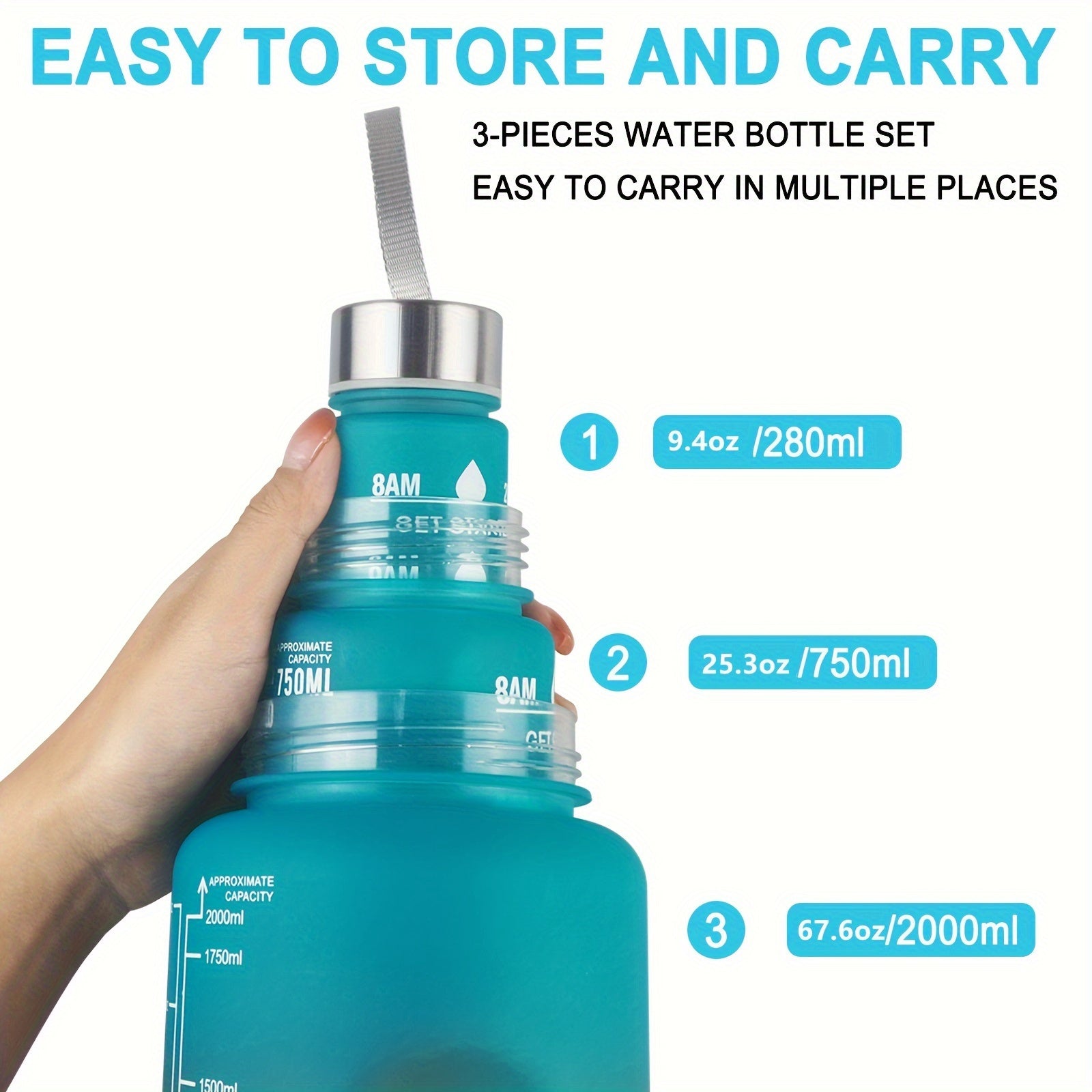 3pcs Gradient Water Bottles Set Leakproof Sports Water Cup Time Marker
