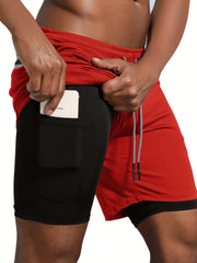 Men's Double Layer Stretch Sports Shorts with Inner Pocket