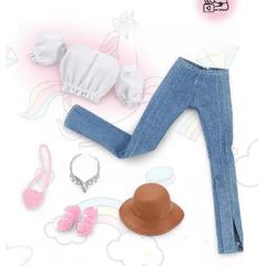 Doll Dress Kit: Floral Dress & Crop Top with Jeans, 2 Hats, 2 Tote Bags, 2 Shoes