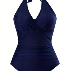 Solid Surplice Neck Halter One Piece Bathing Suit