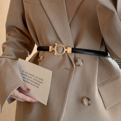 Adjustable Thin Belts Round Metal Buckle PU Belt Solid Dress Coat Belt