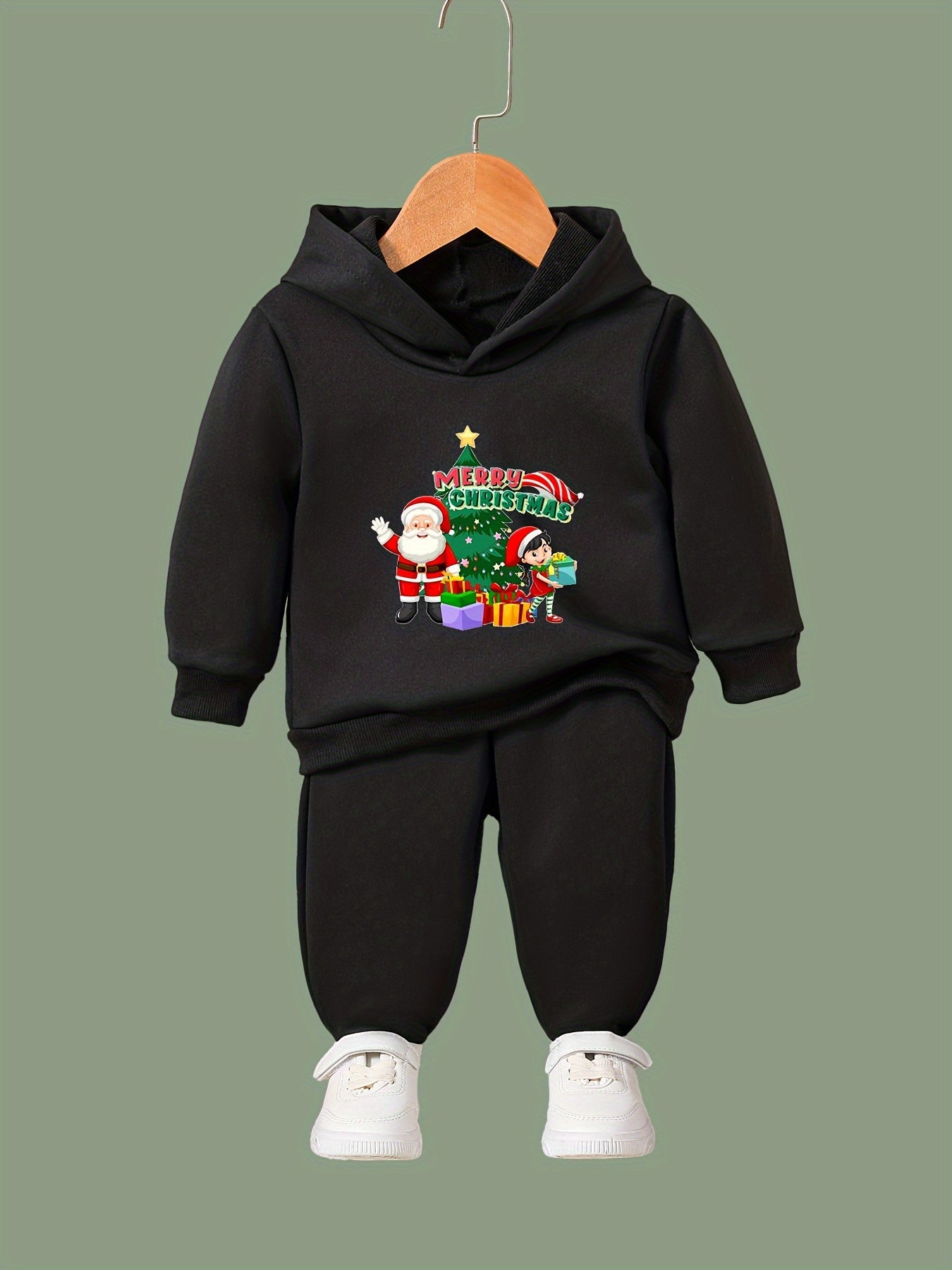 Santa & Presents Print 2pcs Girls Hoodies Jogger Pants Set For Sports