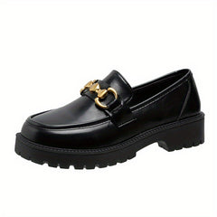 British Style Metal Decor Loafers Slip On Chunky Heel Shoes