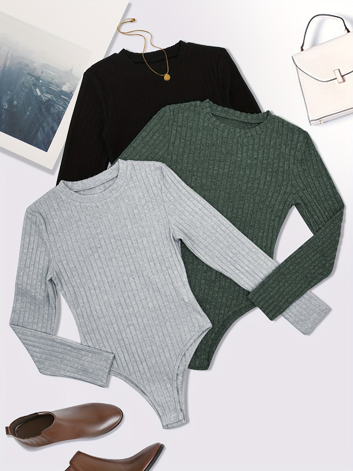 3 Pack Plus Size Ribbed Long Sleeve Round Neck Bodysuit Set