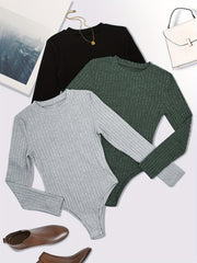 3 Pack Plus Size Ribbed Long Sleeve Round Neck Bodysuit Set