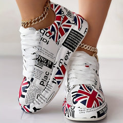 Women's Letter & Flag Print Sneakers Low Lace Up Flatform Shoes