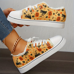 Women's Pumpkin & Cat Print Flats Halloween Lace Up Low Top Canvas Sneakers