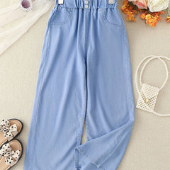 Girls Button Jeans Wide Leg Pants Teen Kids