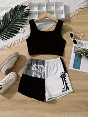 Girls' 2pcs Casual Suit Sleeveless T Shirt And Colorblock Shorts Set