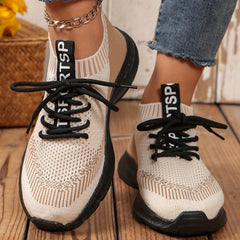 Women's Knit Lace Up Sports Sneakers Non Slip Walking Shoes