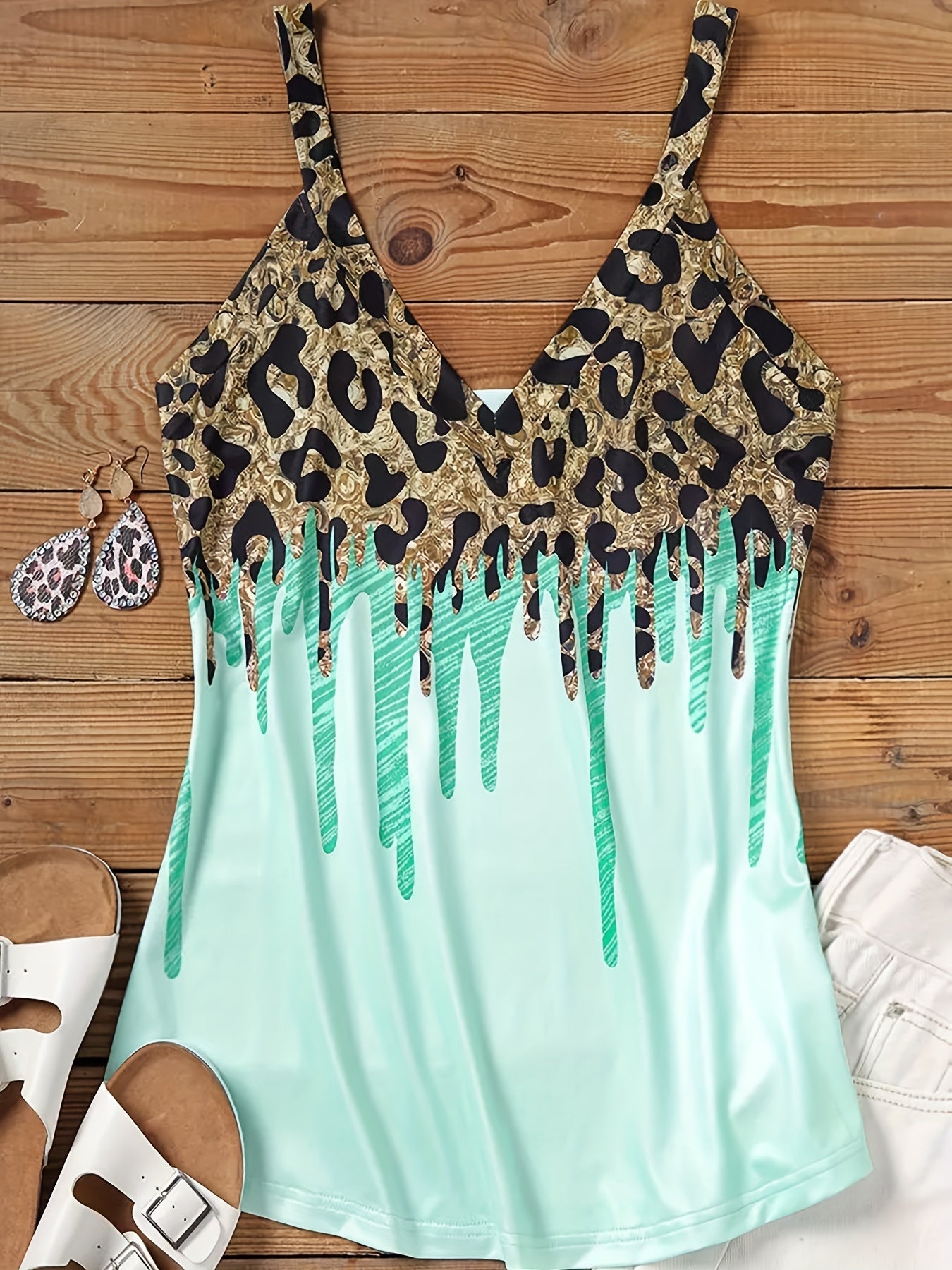 Leopard Print V Neck Cami Top Sexy Backless Sleeveless Cami Top