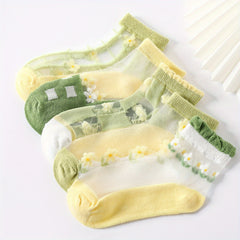 5 Pairs Girls Floral Ice Silk Short Crew Socks For Kids