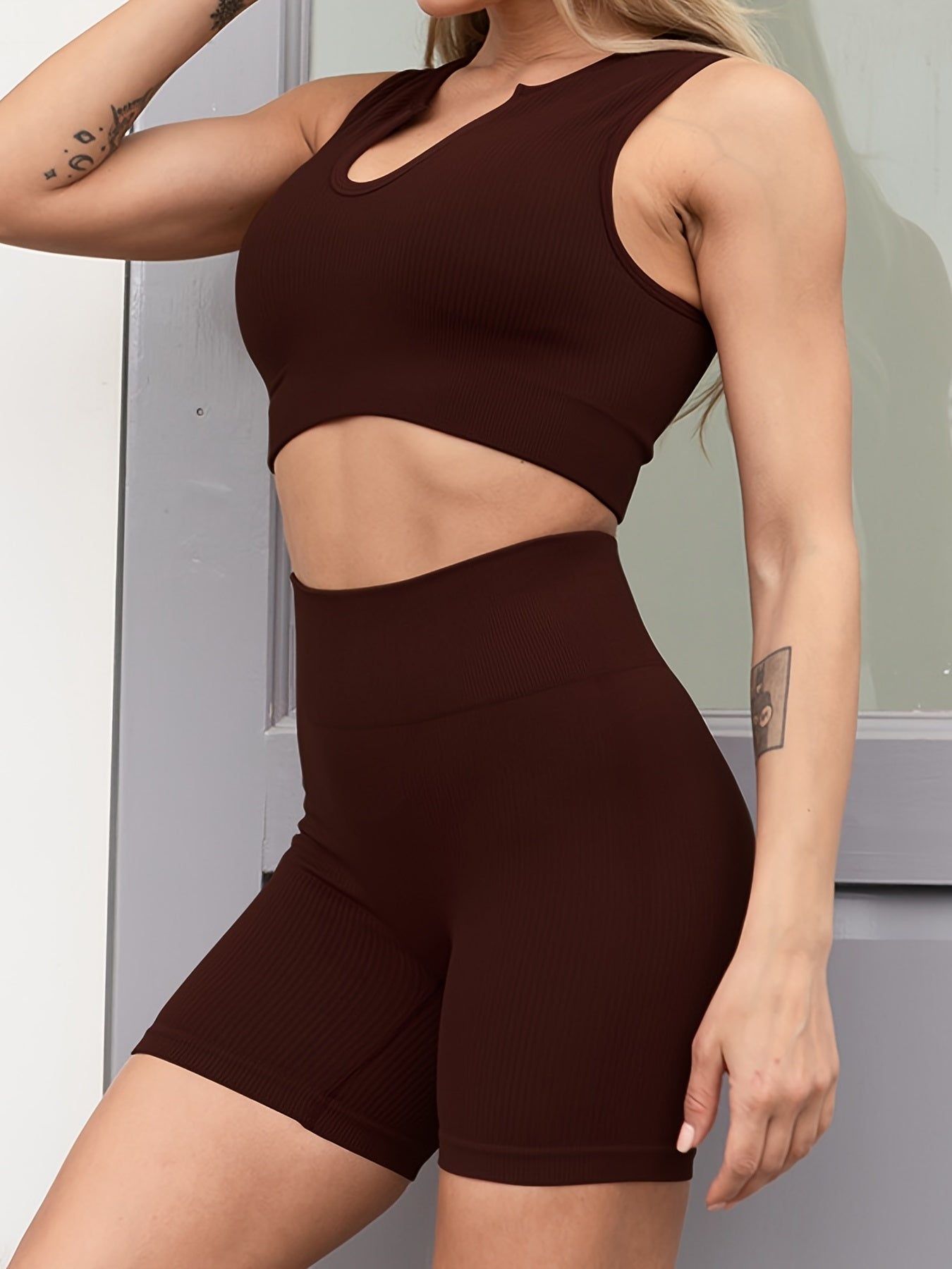 Ribbed Seamless Workout Sets Crop Tank Top & High Waist Yoga Leggings Sets